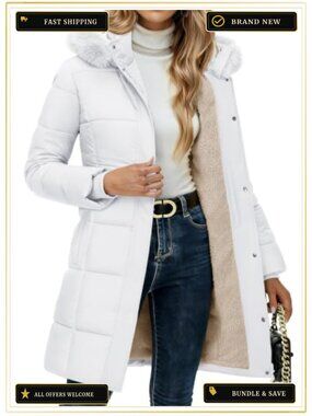 Women's Long Winter Down Puffer Coat Fleece Lined Removable Fur Hood